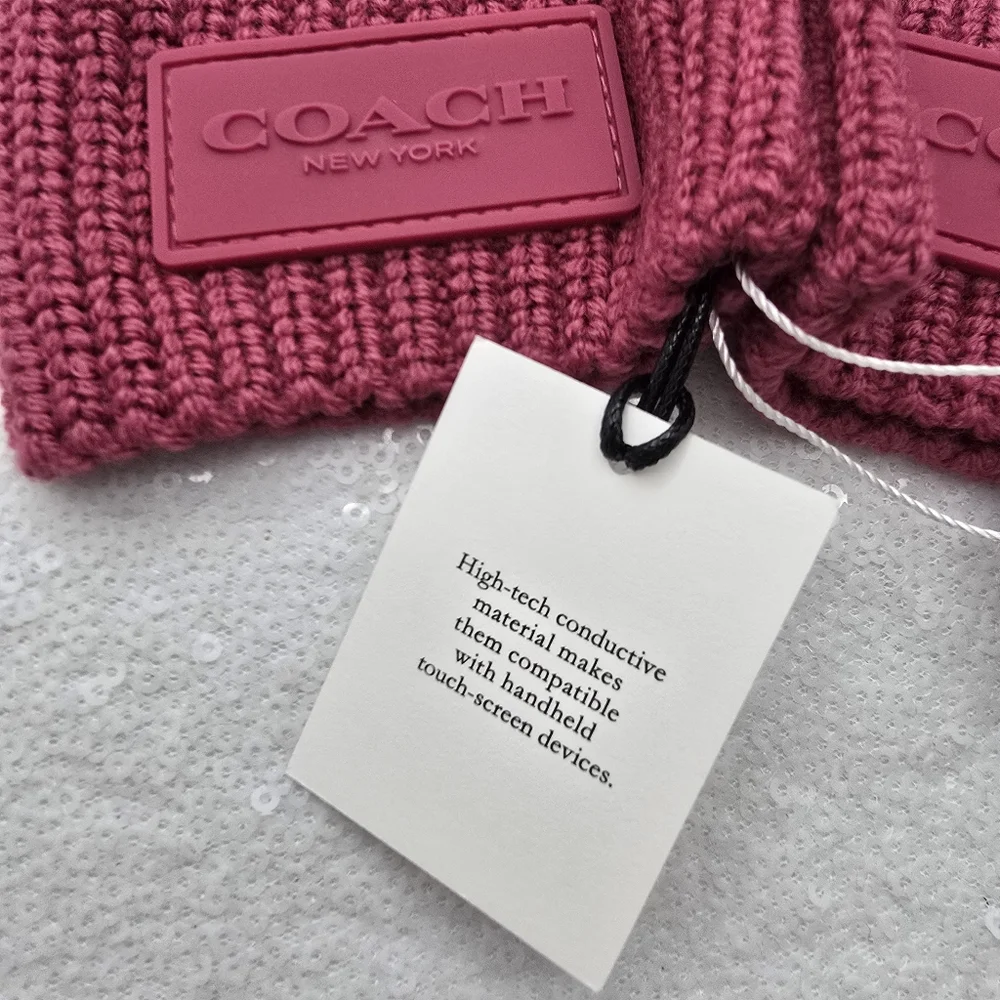 Coach Knit Tech Gloves Pink Merino Wool Warm